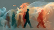 © NordLight Studio - Walking figures overlaid on abstract world map visualizing global mobility and cultural diversity