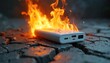 © Viktor - White power bank engulfed in bright orange flames sits on cracked pavement. Device smolders, smoke rises, indicating fire hazard and electrical malfunction.