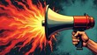 © Viktor - Hand grips megaphone emitting fiery blast. Dramatic announcement, loud message, or passionate speech conveyed with intensity. Symbol of power, protest, or urgent news.