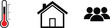 © PJ DeSign - Minimalist Lifestyle Icon Set Featuring Vertical Medical Thermometer with Red Mercury Level House Outline and Three Person People Group Silhouette Vector