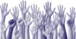 © vectolab - Vector art of multiple blue halftone dot pattern hands raised in the air, symbolizing voting, cheering, asking questions, or participation in a crowd