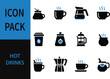 © kucing - A collection of twelve black and white icons representing various hot drinks and coffee-related items, presented in a grid format.