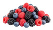 © Mia - Pile of fresh raspberries, blueberries, and blackberries isolated PNG, mixed berries on transparent background for healthy eating and summer designs