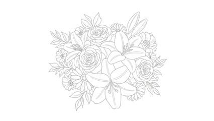  Elegant Flower Bouquet Outline Illustration, Isolated White Background, Detailed Floral Drawing