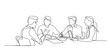© pew - One continuous line business team meeting illustration with people sitting at desks working on laptops, minimalist line art teamwork concept.