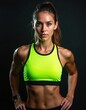 © Maryna - Muscular woman in bright neon green sports bra poses confidently against dark background. She has toned abs and athletic build, ready for intense workout or competition.