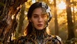 © Ksenia - plastic pollution cyborg woman by tree in warm forest light with detailed helmet and soft bokeh