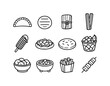 © Coosh448 - Latin American Street Food Icons. Street food. Line icon set of Latin American street food: empanada, arepa, tamale, churro, street corn elote, tostada,