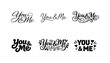 © Coosh448 - Diverse Lettering Styles Grid. Romantic script quotes. Set lettering. harmonious lettering variations of the same emblematic concept, each with different