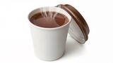 Hot cocoa steaming in a disposable paper cup with brown lid  
