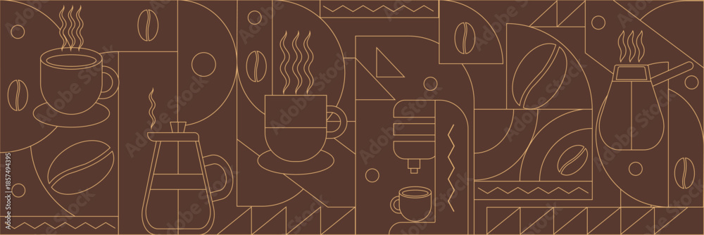 Geometric coffee pattern in minimalist style. Geometric line drawing ...
