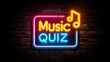 © sablengjago - Illuminated sign promoting a music-themed quiz, using vibrant neon colors against a dark, textured brick wall background. A musical note is included