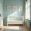 © Maryna - Light blue nursery room with white crib, dresser, and framed art. Bright window light streams across wood floor and soft rug. Cozy space for baby sleep and rest.