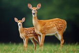 Two white tailed deer standing in a green field with a dark blurred background