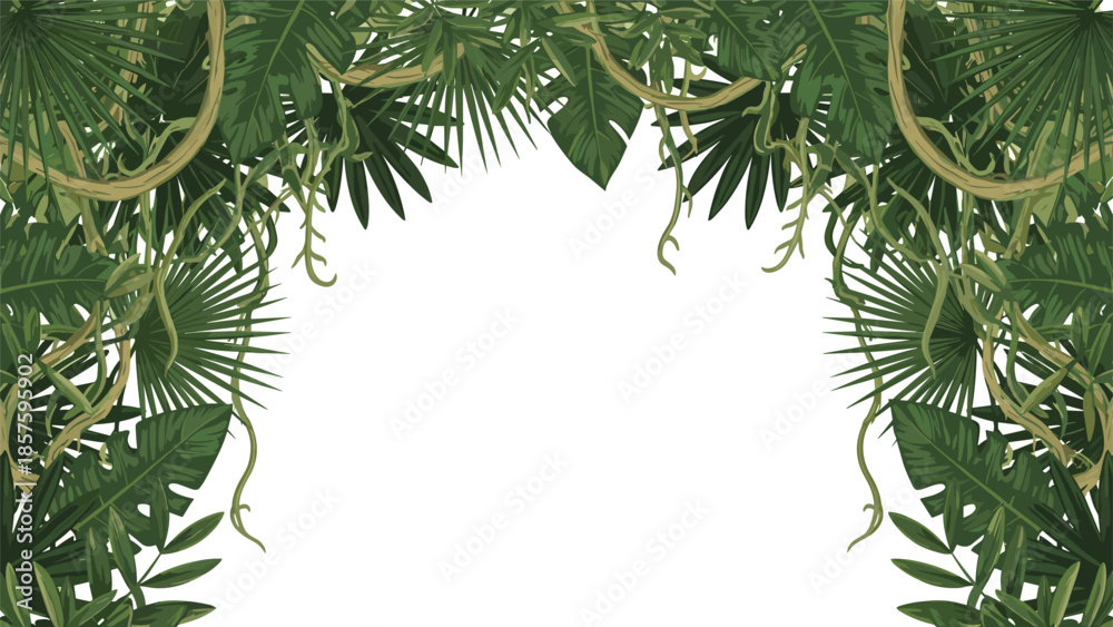 Tropical jungle frame with lush green palm leaves and hanging liana ...