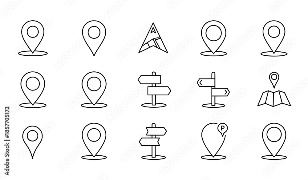 Minimal location pin outline icon vector set with modern map pointer ...