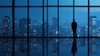 © MINTED VasitChaya - Silhouette of a businessperson looking out a panoramic office window at a city skyline during blue hour, symbolizing corporate vision and ambition.