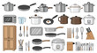© Szymon - Extensive collection of kitchenware including pots pans microwave oven utensils and cabinets for cooking and storage.