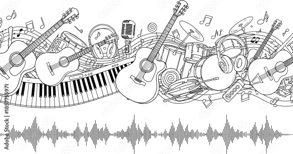 Border With Musical Instruments Hand drawn musical instruments border vector illustration with guitar ...