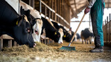 Inside a barn, Holstein cows eat hay as a farm worker sweeps. This scene showcases agricultural life, animal care, and the symbiotic relationship between humans and livestock.