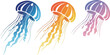 © Azad - Three vibrant, stylized illustrations of colorful jellyfish floating gracefully with flowing tentacles against a bright white background