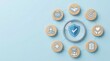 © CuteBee - a flat lay arrangement showcases wooden circular tokens depicting various icons surrounding a central shield symbol on a blue background high quality professional detailed modern elegant