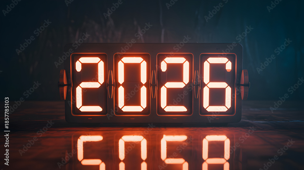 Digital Clock Displaying 2026 in Red LED Numbers with Futuristic ...