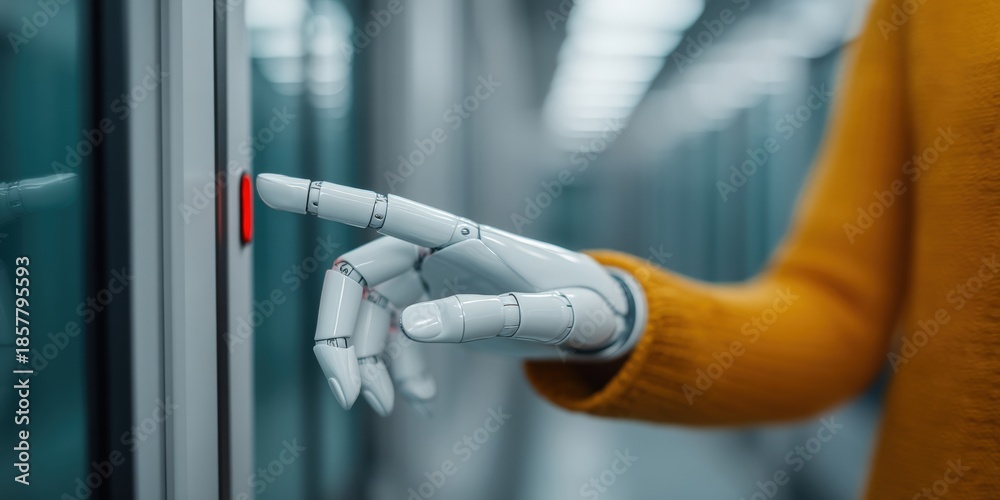 Safe human robot interaction, A robotic hand presses a button ...