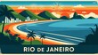 © Mr Kayambo - A vibrant retro travel poster illustration depicting the iconic landscape of Rio de Janeiro with a sweeping beach, mountains, palm trees, and colorful fireworks exploding at sunset.