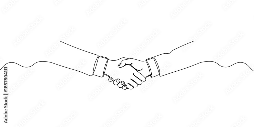 Continuous one line drawing of a person shaking hands with a consumer, symbolizing consumer trust, line art style vector illustration.