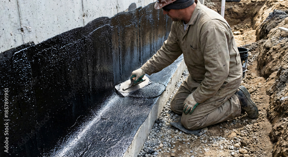 A construction worker applies black waterproofing sealant to a building ...