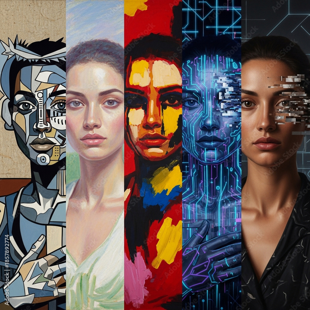 Five portraits of a woman illustrate diverse artistic styles: Cubism ...