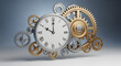 © malik - Vintage clock face mechanism intricately connected with numerous polished silver and gleaming gold mechanical gears suggesting precise synchronization and the continuous passage of time.