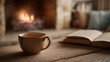 © Maryna - A warm cup of steaming tea rests on a rustic wooden table, with an open book nearby and a cozy fireplace glowing in the background.