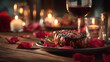 © Masha - Romantic steak dinner with red wine, rose petals, and candlelight, perfect for Valentine's Day promotions, romantic restaurant menus, date night ads, wedding proposals, or fine dining marketing