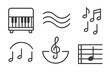 © VideoHub - Classical Piano Icons. Classical key harmony: Line style icons of classical piano, smooth waves, melodic symbols, chord arcs, tone