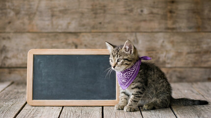  Kitten with Bandana Next to Blackboard