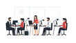 © Anton AL Ghifari - Illustration of a diverse group of office workers sitting at desks with computers and lamps in a modern workspace with a neutral color palette.