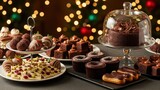 Assorted chocolate desserts with holiday background featuring cakes and eclairs