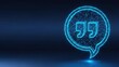 © Moon Guy - Glowing blue digital quotation mark symbol inside a speech bubble with abstract network connections on a dark background