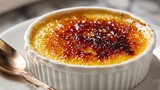 Creme brulee dessert in a ceramic ramekin with caramelized sugar for a bakery banner.