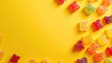 A vibrant collection of colorful gummy bear candies scattered across a sparkling yellow background creating a festive and cheerful composition perfect for sweets and treats imagery