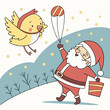 © shahin - a cheerful santa claus reaches for a red and white striped balloon held by a bright yellow baby chick in