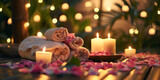 Serene spa setting with glowing candles, rolled towels, and scattered rose petals for ultimate relaxation