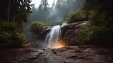 A powerful forest waterfall cascades over rugged rocks with vibrant orange sparks illuminating the misty base under atmospheric dawn lighting