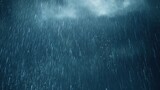 Rainstorm weather, strong storm accompanied by lightning and thunder, dark clouds in sky, rain poured down, suitable for weather reports, dramatic, or natural force theme designs.