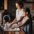 © Julius - Mother and daughter washing hands together in a rustic kitchen.