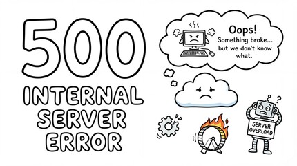  500 Internal server error notification displaying technical malfunction message indicating system failure and service interruption requiring troubleshooting and technical support resolution