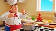© aza - A delightful animated chef enjoys a taste test of his simmering culinary creation in a bright