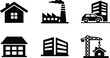 © Billal - Real estate and industrial building icon set, residential house, factory plant, office skyscraper, and construction crane vector symbols